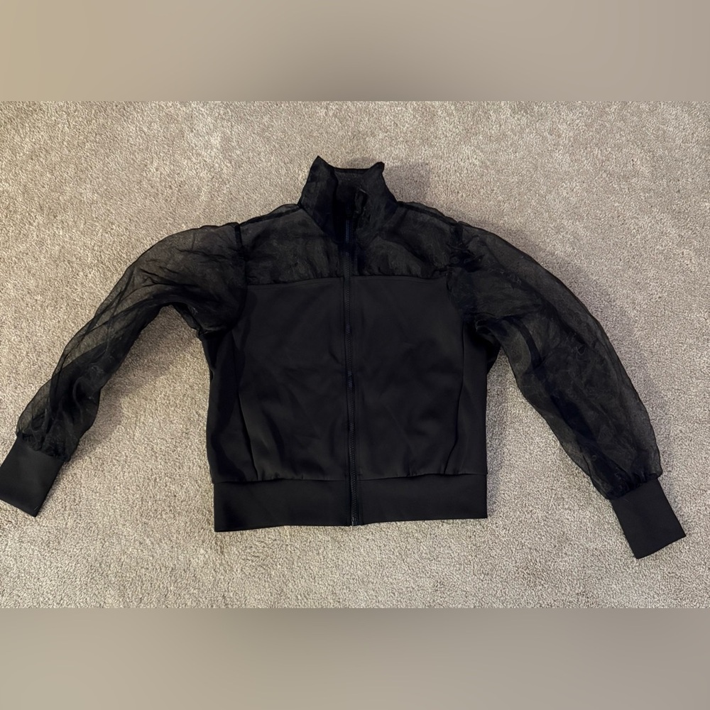 Zara Sheer Sleeve Tulle & Neoprene Bomber Jacket Black Rare Lightweight Sz S - Picture 7 of 10